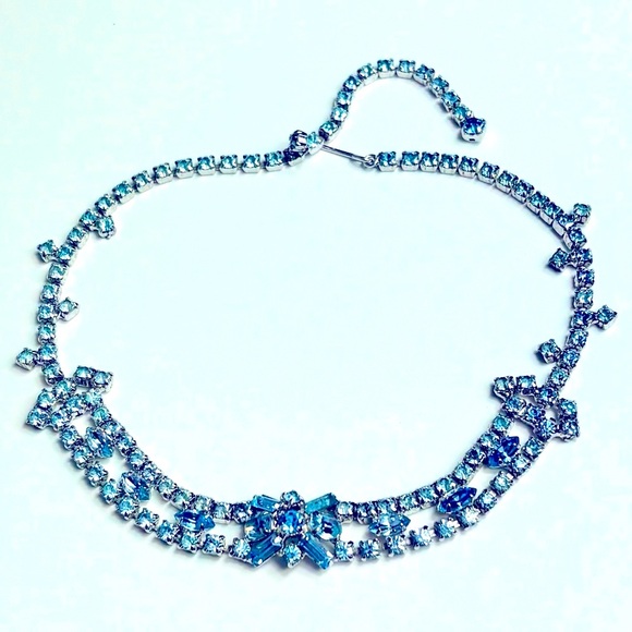 Vintage Light Blue Rhinestone Choker Necklace 1950’s - Picture 1 of 14